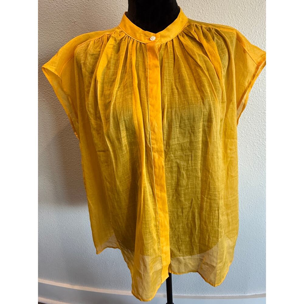 NWT Banana Republic Large Yellow Ramie Blouse Sheer Button Front Sleeveless Top